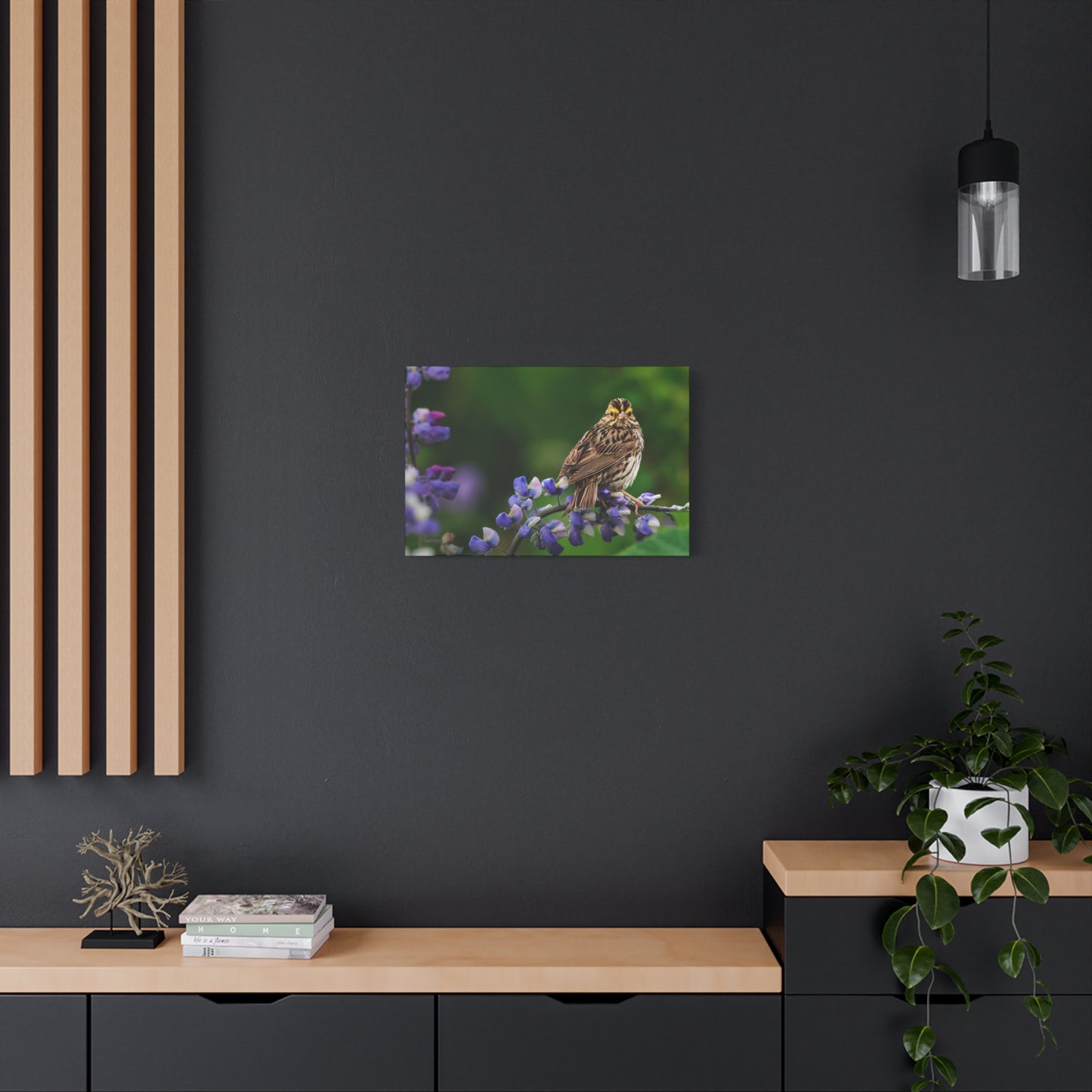 Golden Crowned Sparrow on Lupine, Matte Canvas Print Nature Wall Art