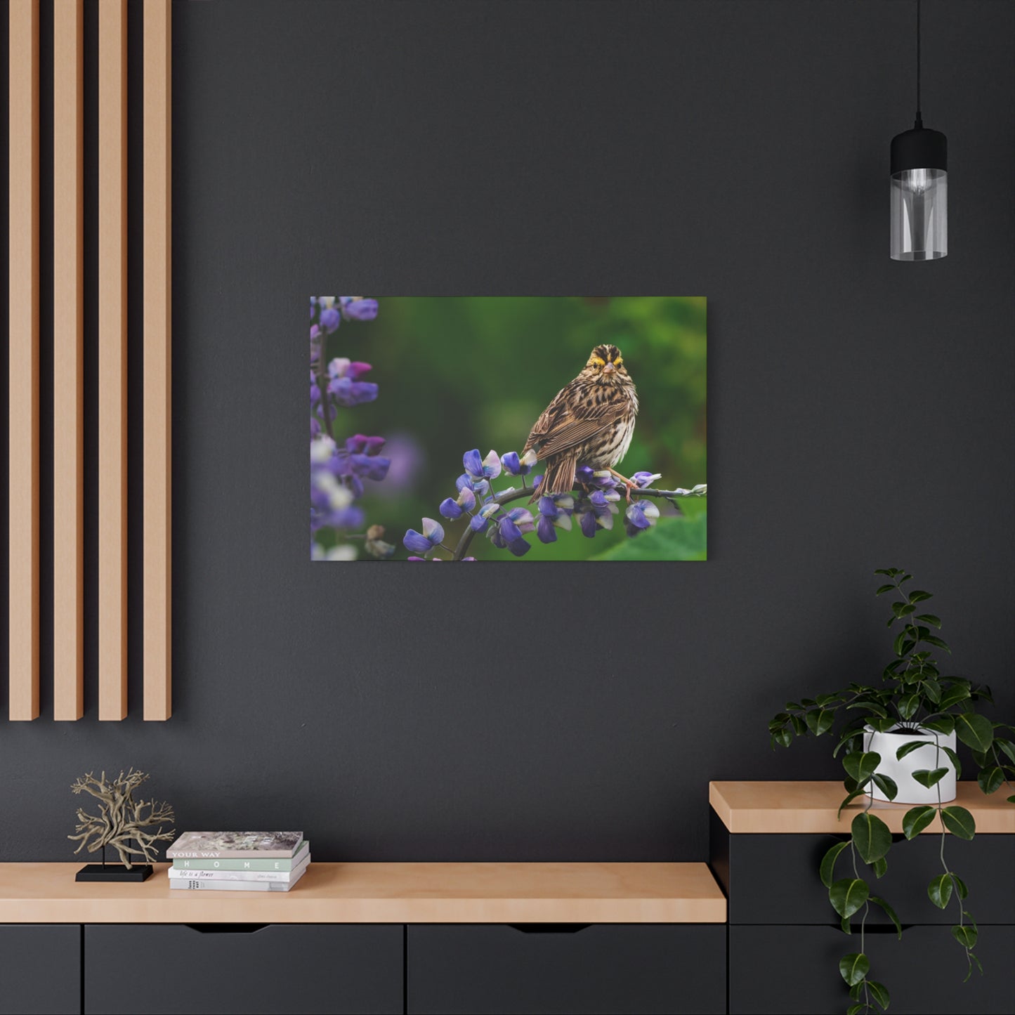 Golden Crowned Sparrow on Lupine, Matte Canvas Print Nature Wall Art