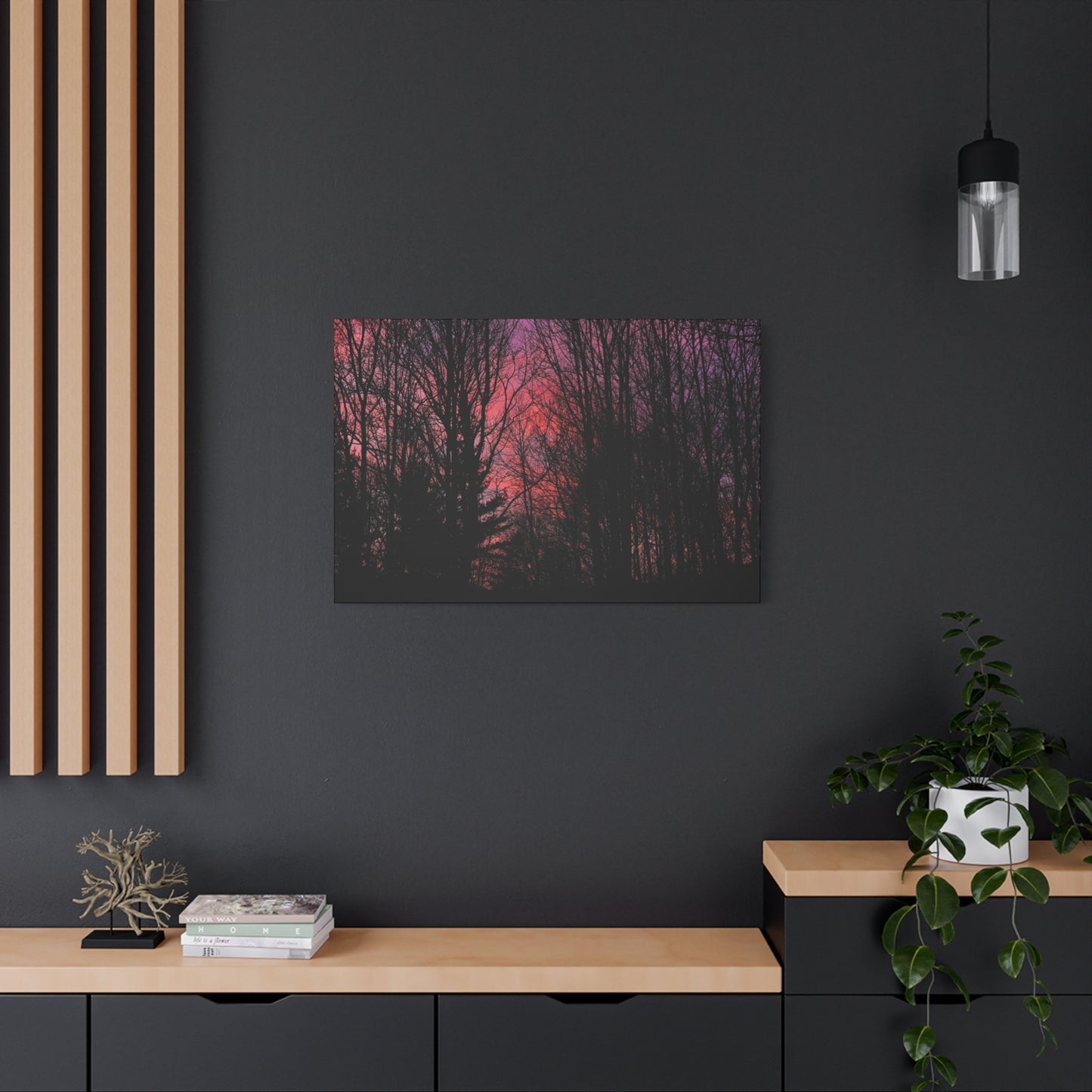 Twilight Forest Silhouette, Soft Pink Sky Print, Calm Moody Nature Wall Art
