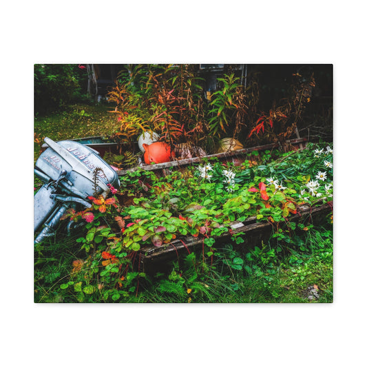 Abandoned Rowboat Garden Canvas — Rustic Outdoor Décor Stretched Matte Print