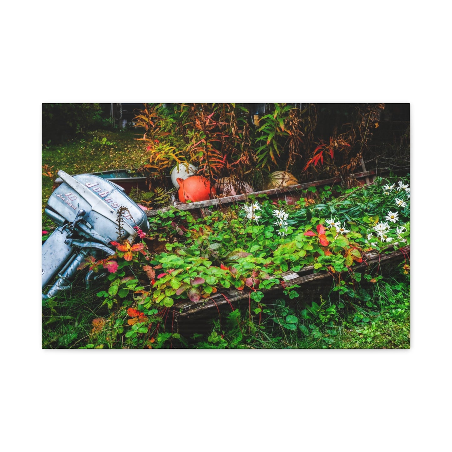 Abandoned Rowboat Garden Canvas — Rustic Outdoor Décor Stretched Matte Print