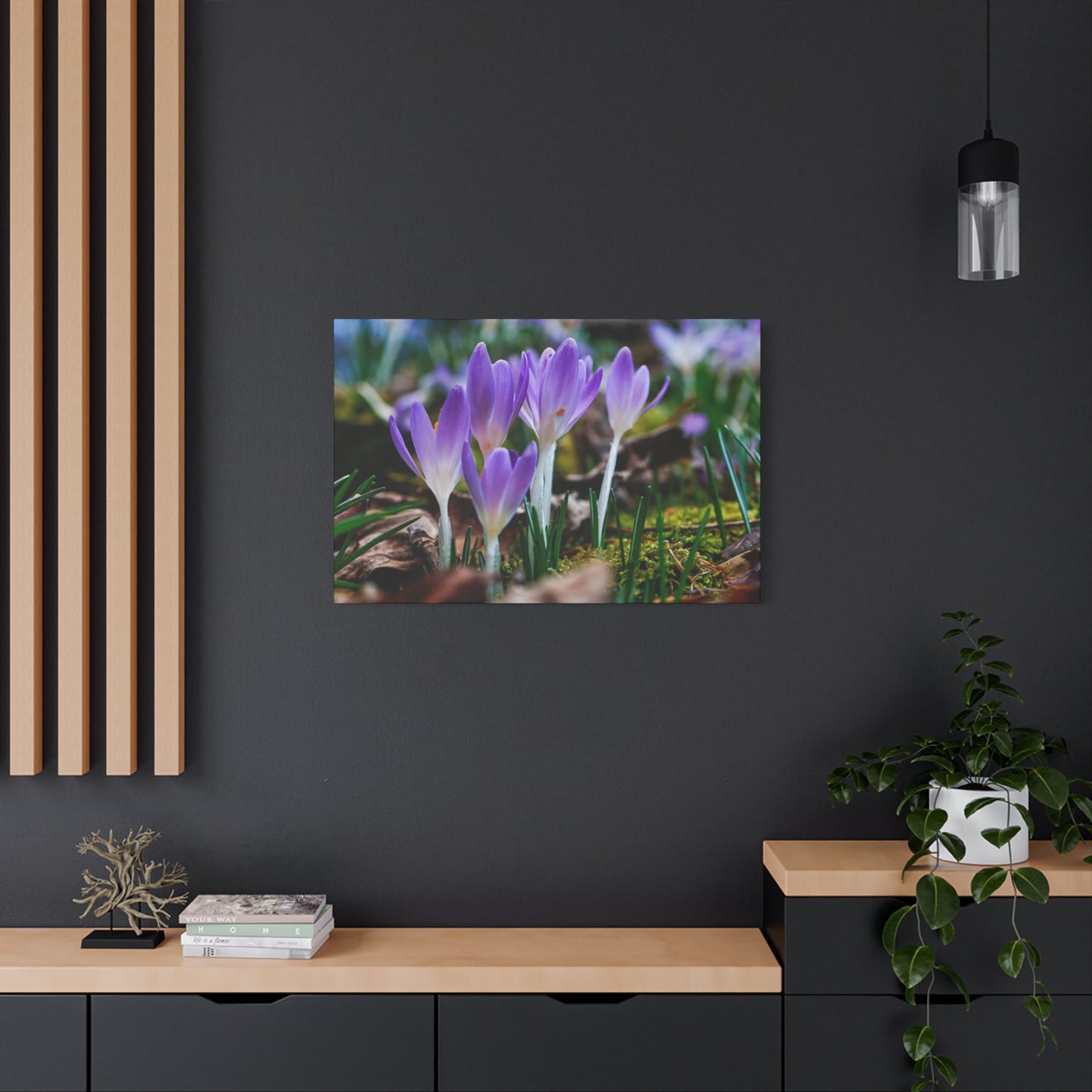 Purple Crocus Spring Flowers Matte Canvas Wall Art, Stretched 1.25"