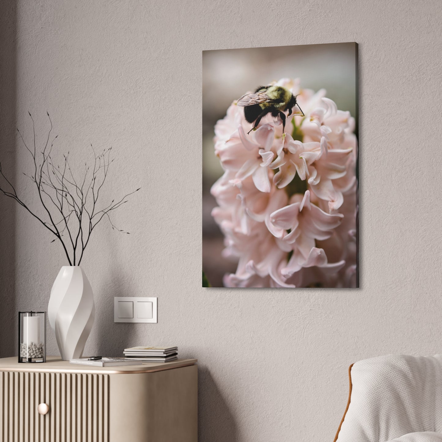 Bee on Pink Hyacinth Canvas Print ~ Botanical Wall Art
