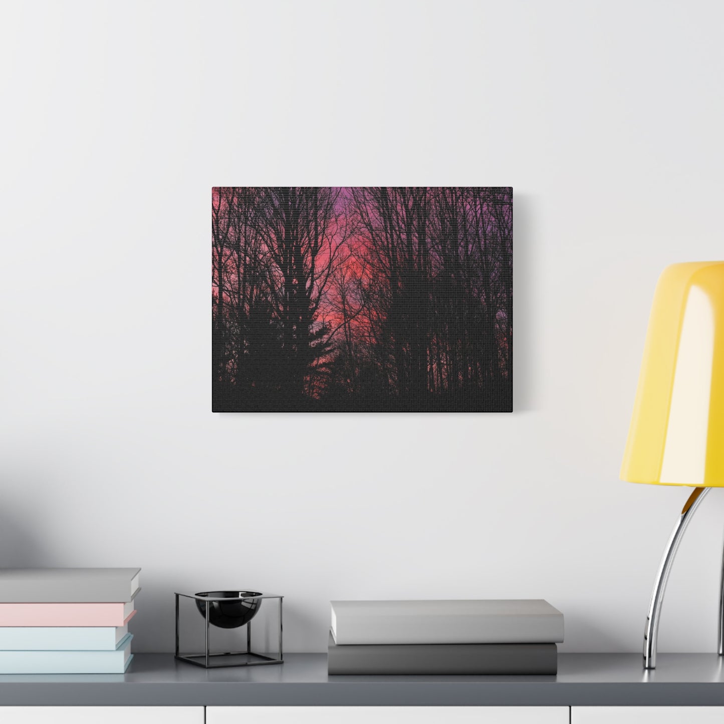 Twilight Forest Silhouette, Soft Pink Sky Print, Calm Moody Nature Wall Art