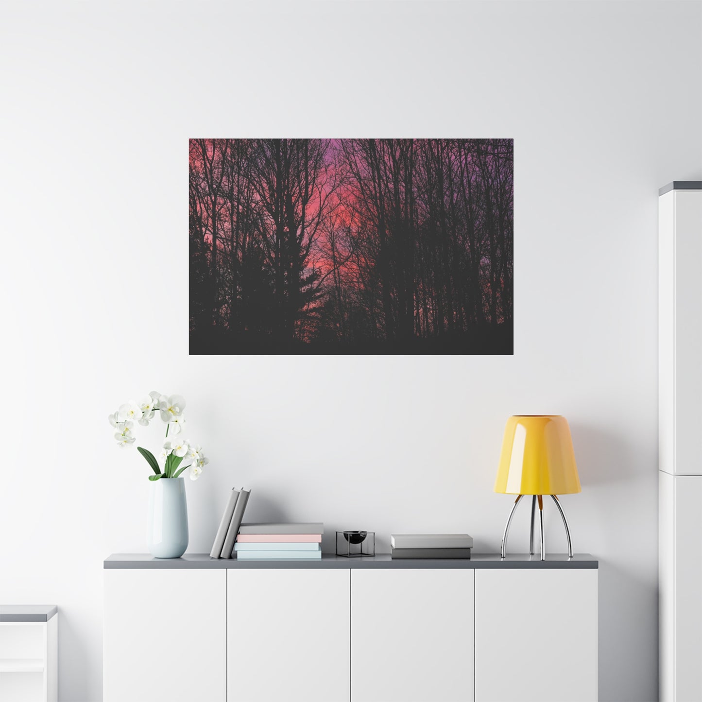 Twilight Forest Silhouette, Soft Pink Sky Print, Calm Moody Nature Wall Art