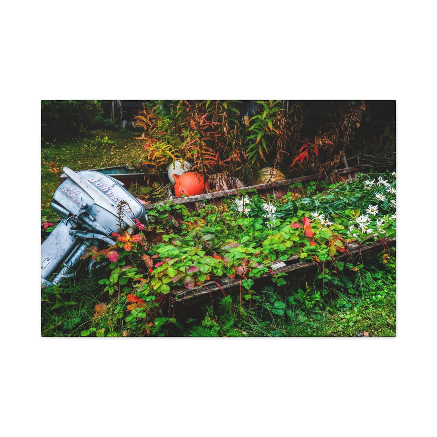 Abandoned Rowboat Garden Canvas — Rustic Outdoor Décor Stretched Matte Print
