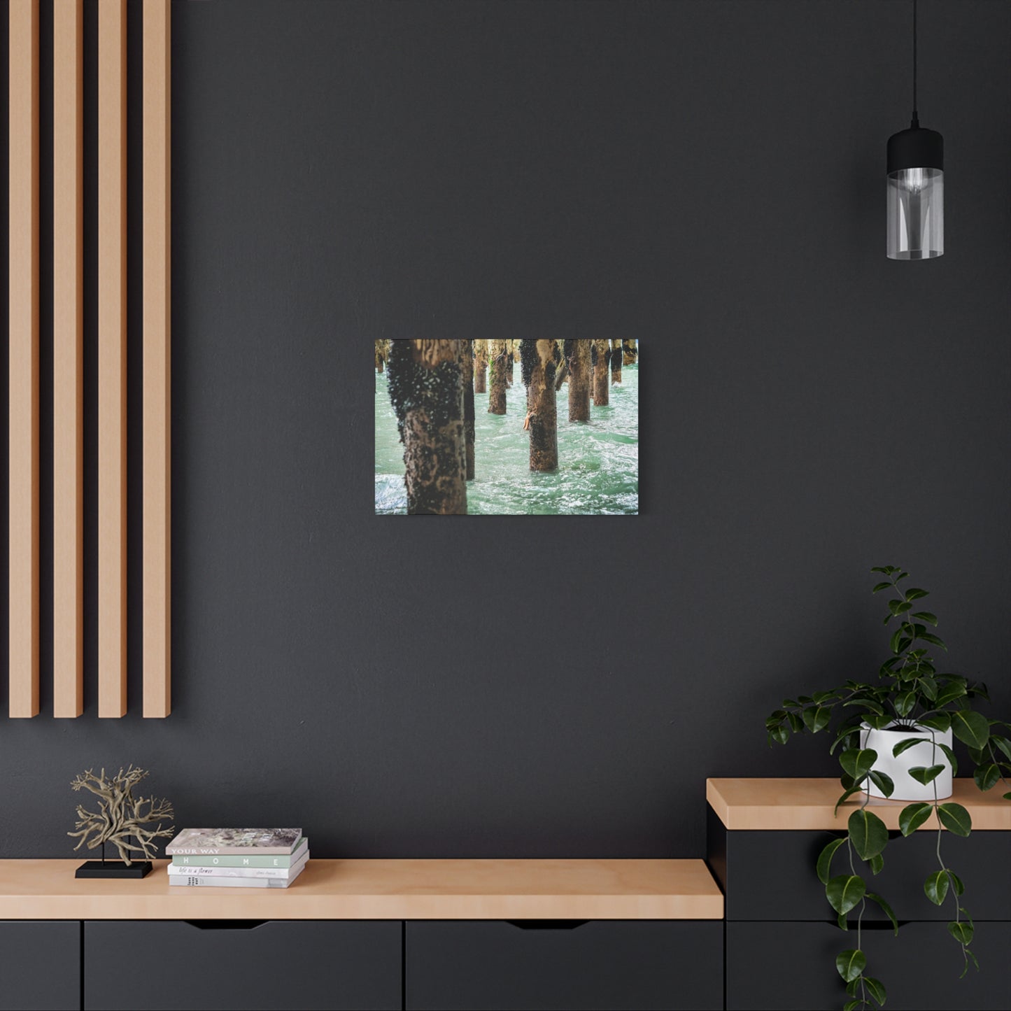 Coastal Pier Photo Canvas – Moody Ocean Pilings Wall Art