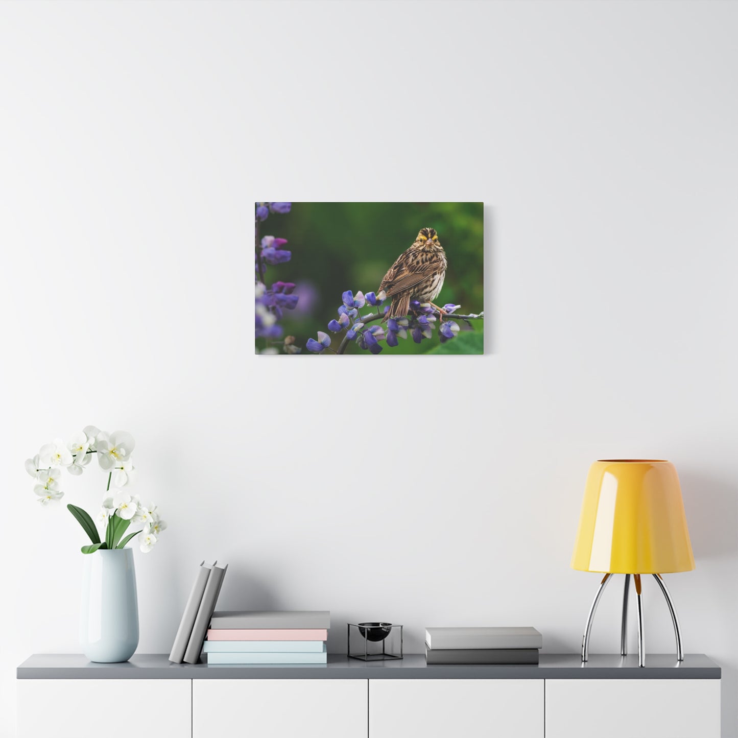 Golden Crowned Sparrow on Lupine, Matte Canvas Print Nature Wall Art