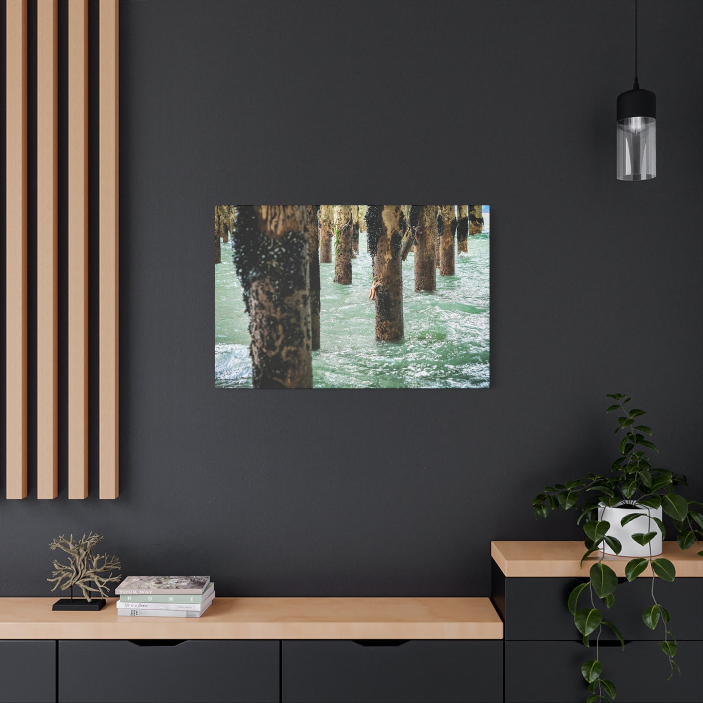 Coastal Pier Photo Canvas – Moody Ocean Pilings Wall Art