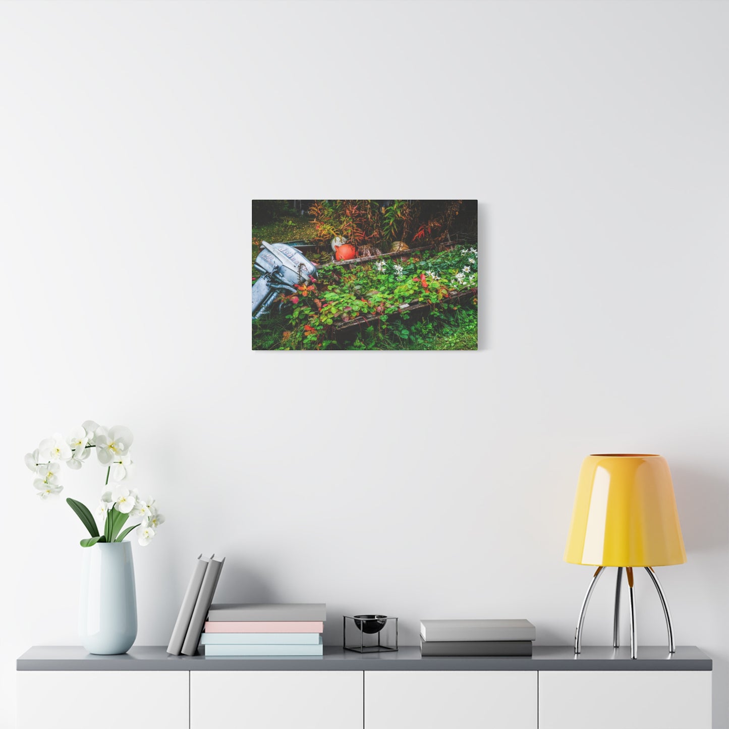 Abandoned Rowboat Garden Canvas — Rustic Outdoor Décor Stretched Matte Print