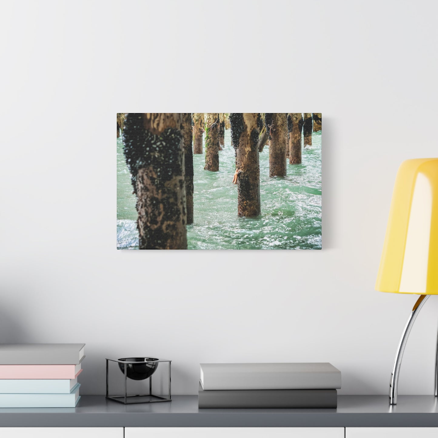 Coastal Pier Photo Canvas – Moody Ocean Pilings Wall Art