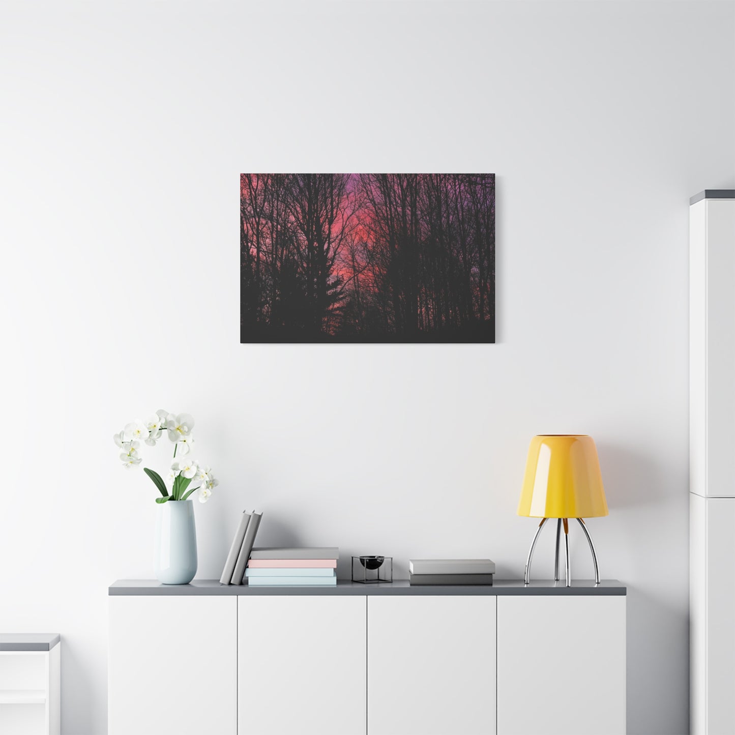 Twilight Forest Silhouette, Soft Pink Sky Print, Calm Moody Nature Wall Art
