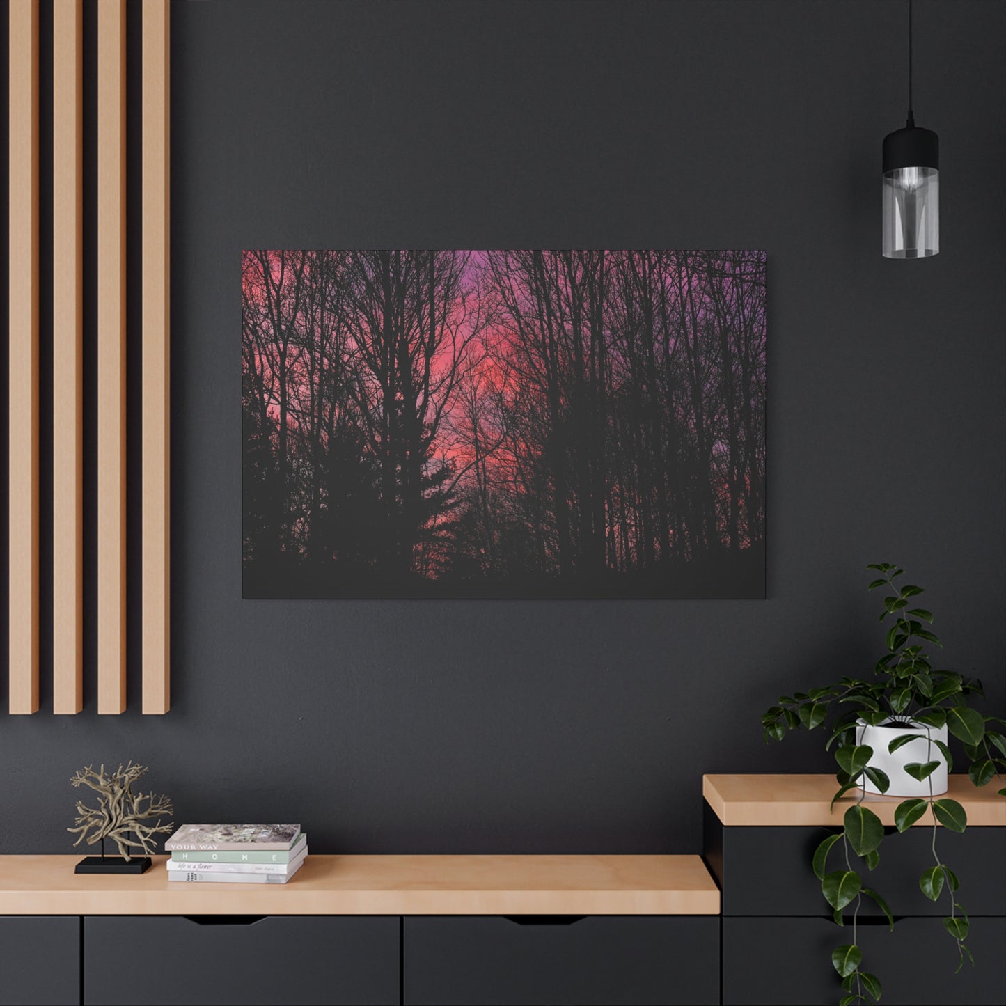 Twilight Forest Silhouette, Soft Pink Sky Print, Calm Moody Nature Wall Art