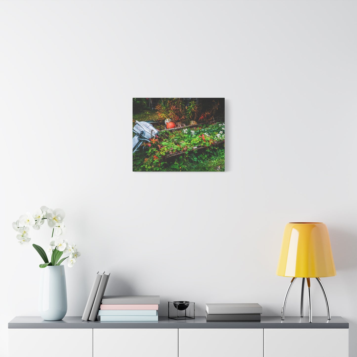 Abandoned Rowboat Garden Canvas — Rustic Outdoor Décor Stretched Matte Print