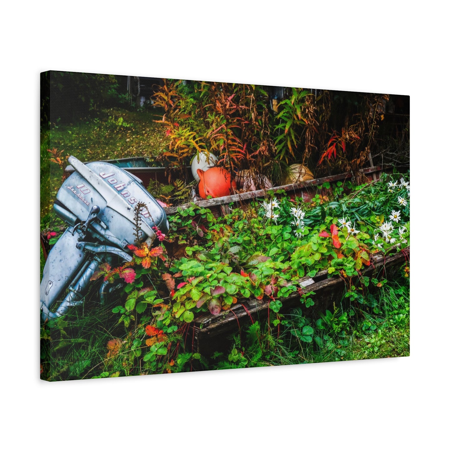 Abandoned Rowboat Garden Canvas — Rustic Outdoor Décor Stretched Matte Print