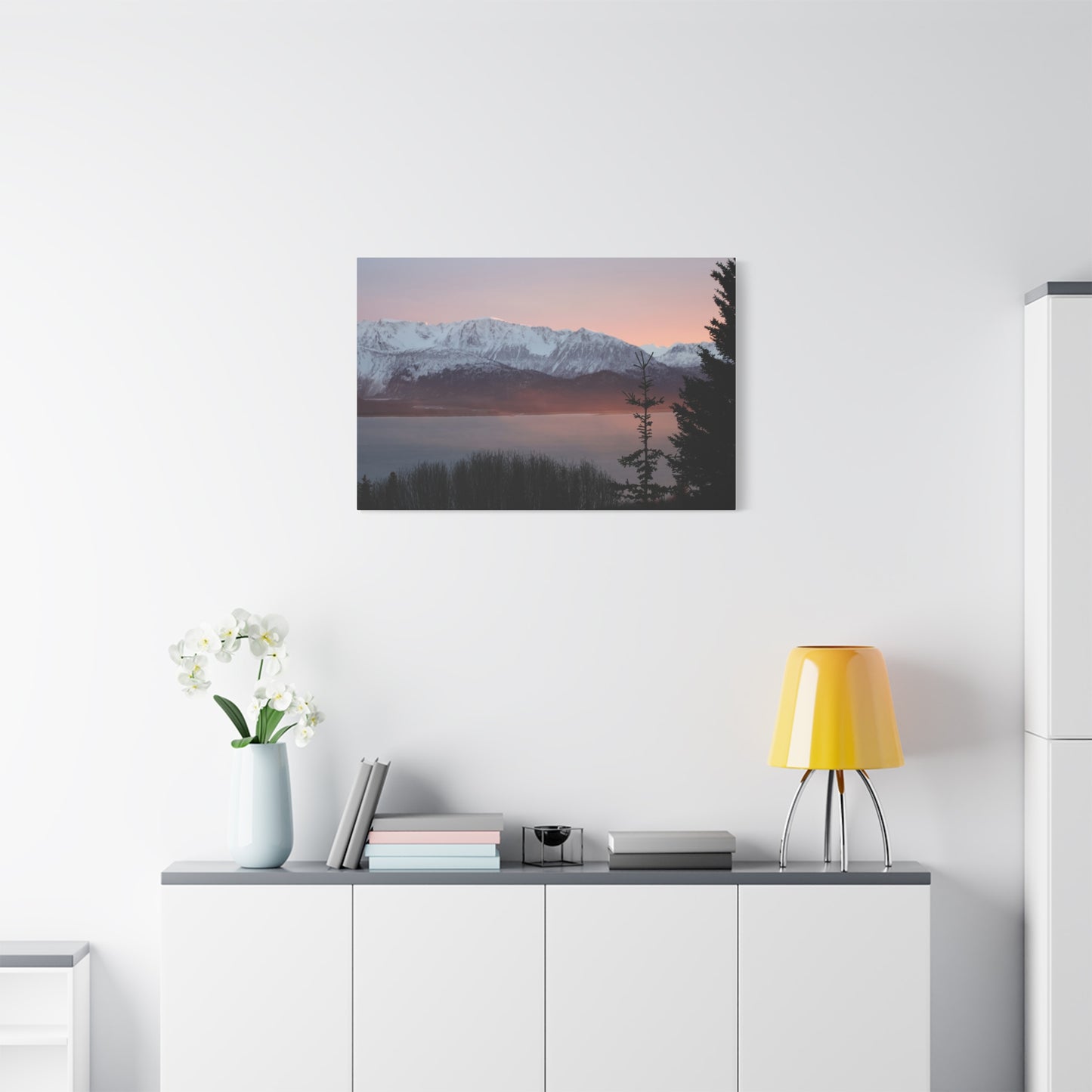 Mountain Sunrise in Soft Pink Light – Alpine Canvas Print, Stretched Matte Finish
