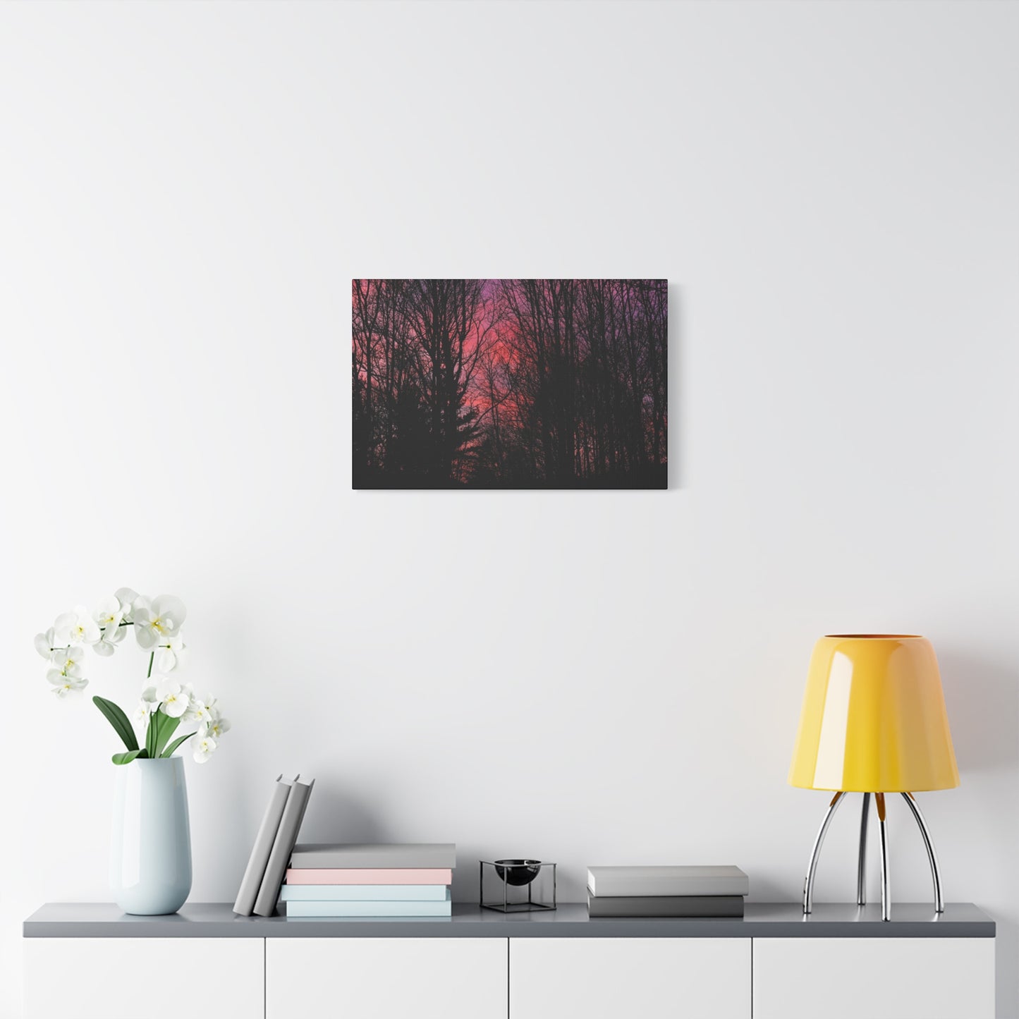 Twilight Forest Silhouette, Soft Pink Sky Print, Calm Moody Nature Wall Art