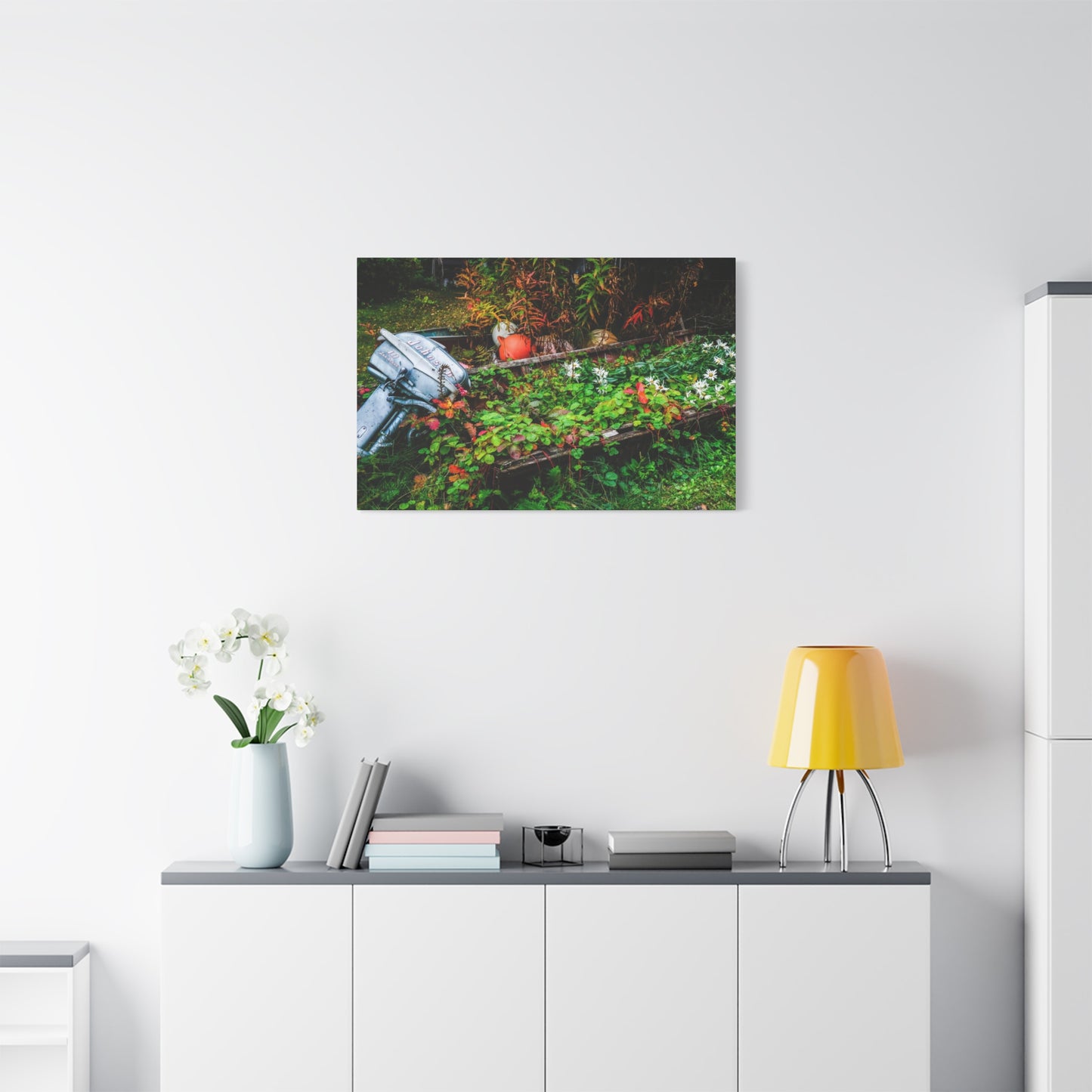 Abandoned Rowboat Garden Canvas — Rustic Outdoor Décor Stretched Matte Print