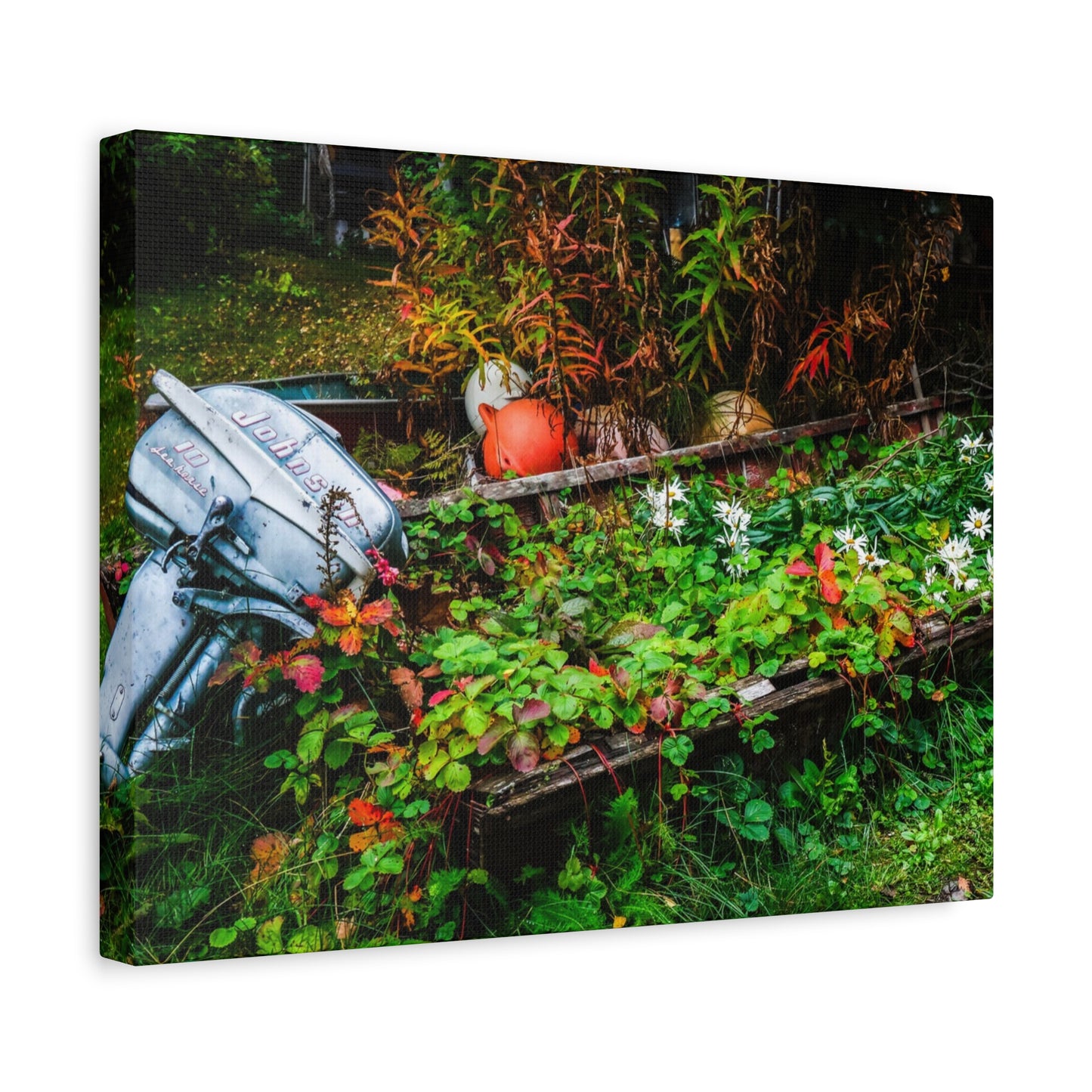 Abandoned Rowboat Garden Canvas — Rustic Outdoor Décor Stretched Matte Print
