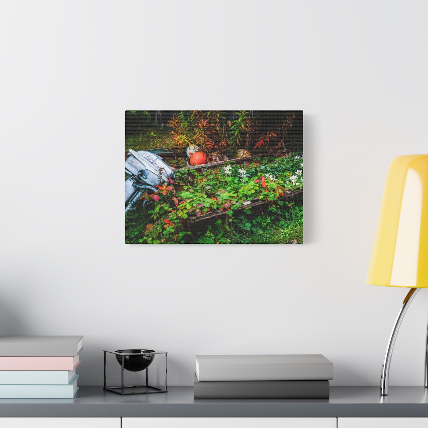 Abandoned Rowboat Garden Canvas — Rustic Outdoor Décor Stretched Matte Print