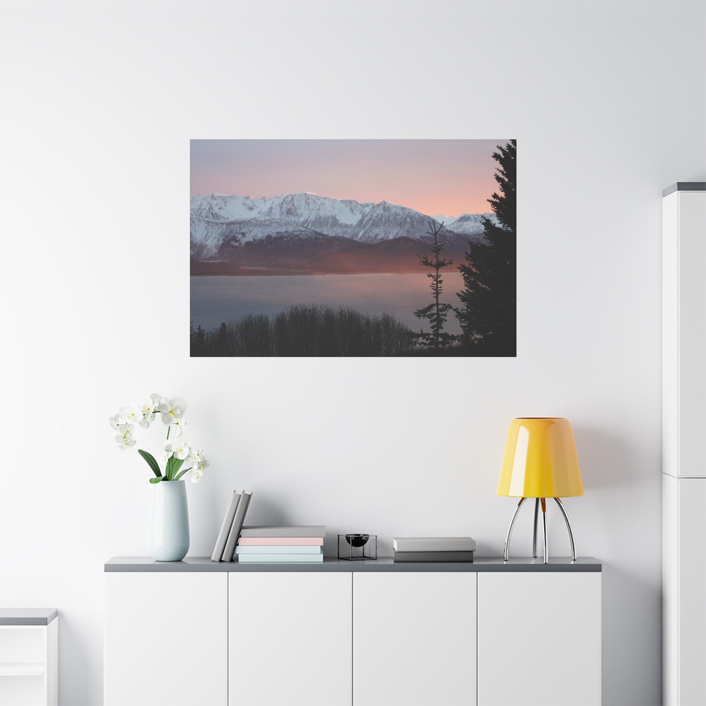 Mountain Sunrise in Soft Pink Light – Alpine Canvas Print, Stretched Matte Finish