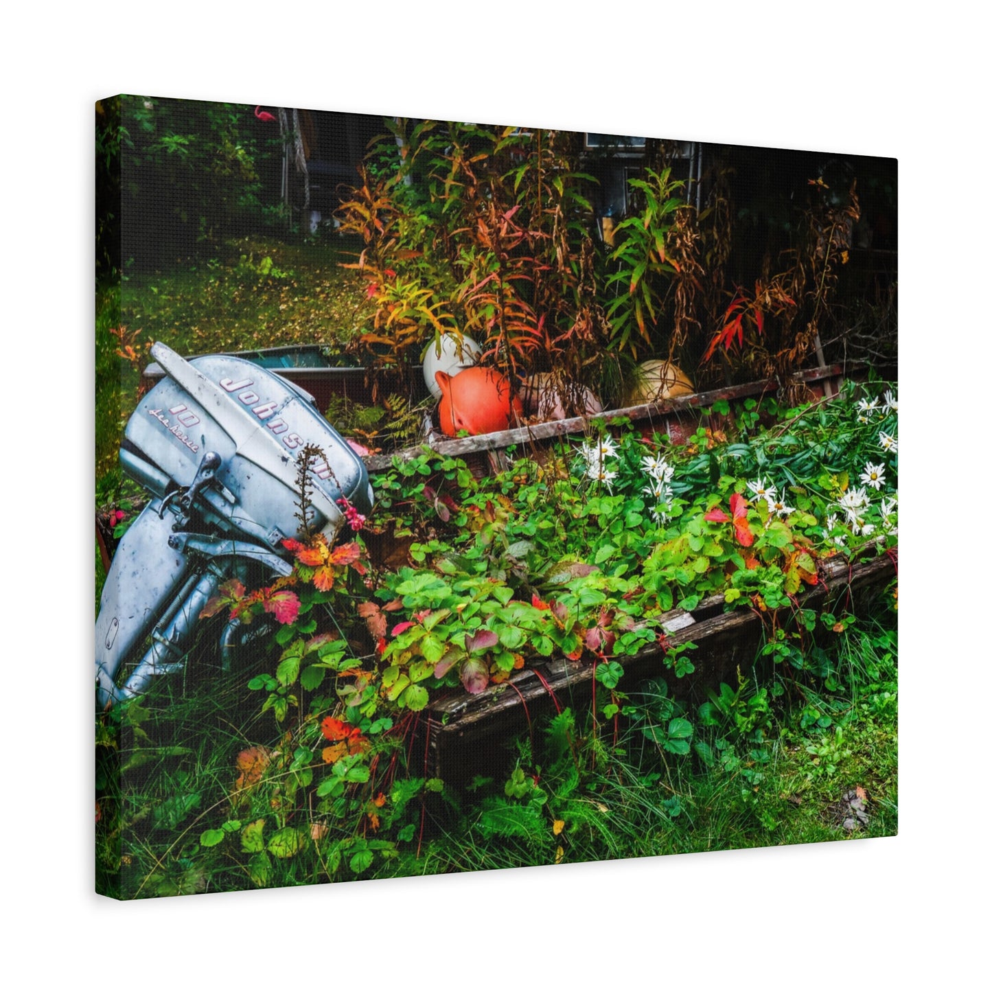 Abandoned Rowboat Garden Canvas — Rustic Outdoor Décor Stretched Matte Print