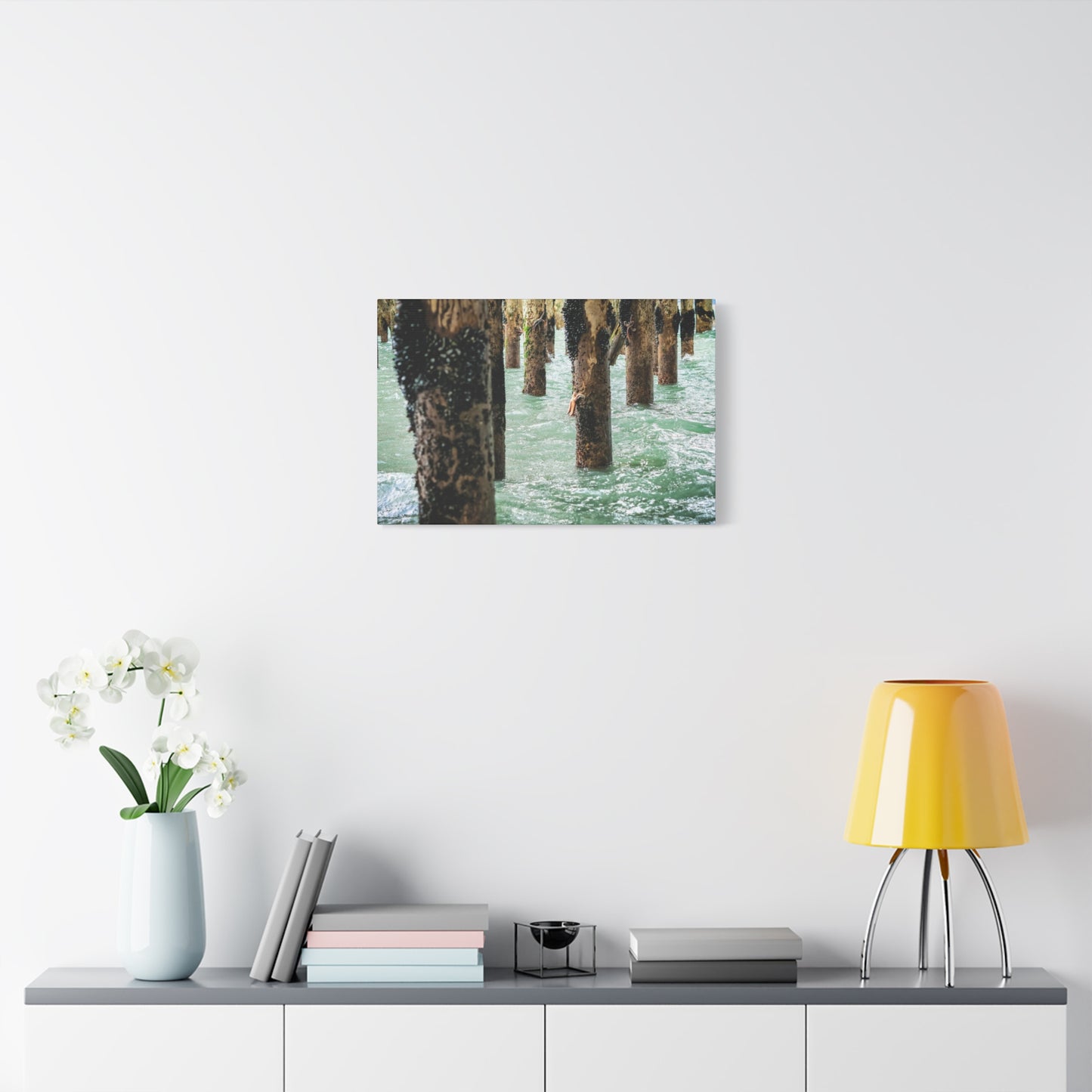 Coastal Pier Photo Canvas – Moody Ocean Pilings Wall Art