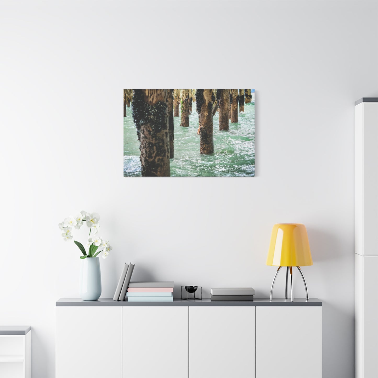 Coastal Pier Photo Canvas – Moody Ocean Pilings Wall Art