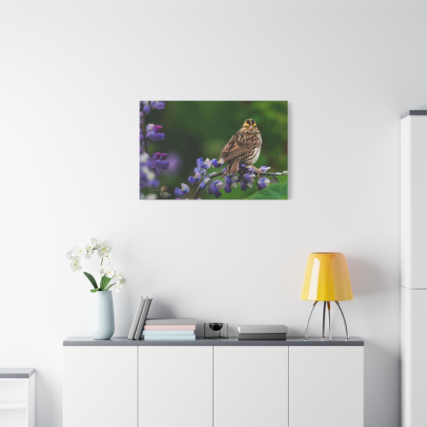 Golden Crowned Sparrow on Lupine, Matte Canvas Print Nature Wall Art