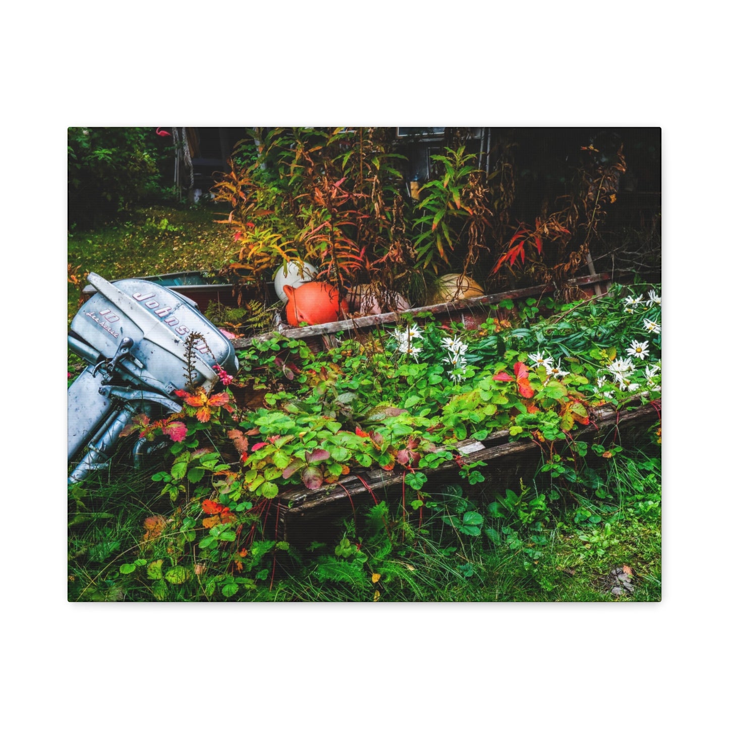 Abandoned Rowboat Garden Canvas — Rustic Outdoor Décor Stretched Matte Print