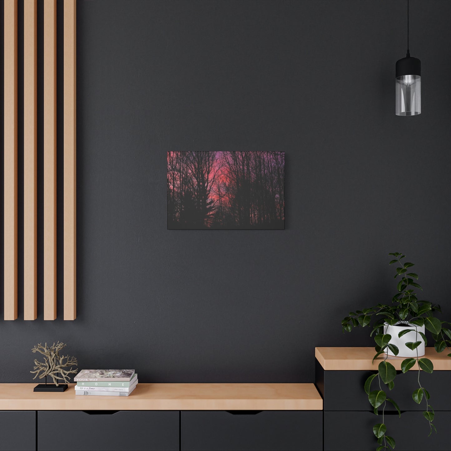 Twilight Forest Silhouette, Soft Pink Sky Print, Calm Moody Nature Wall Art