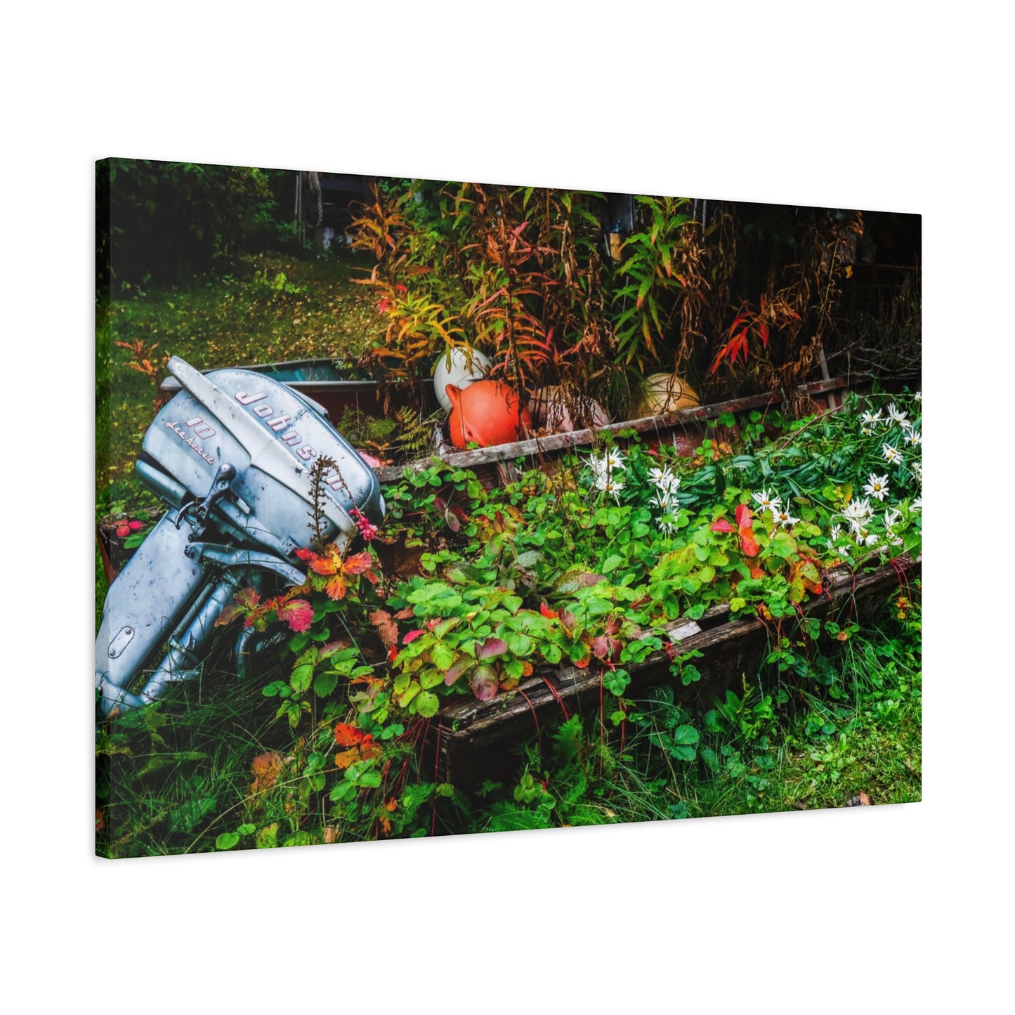 Abandoned Rowboat Garden Canvas — Rustic Outdoor Décor Stretched Matte Print