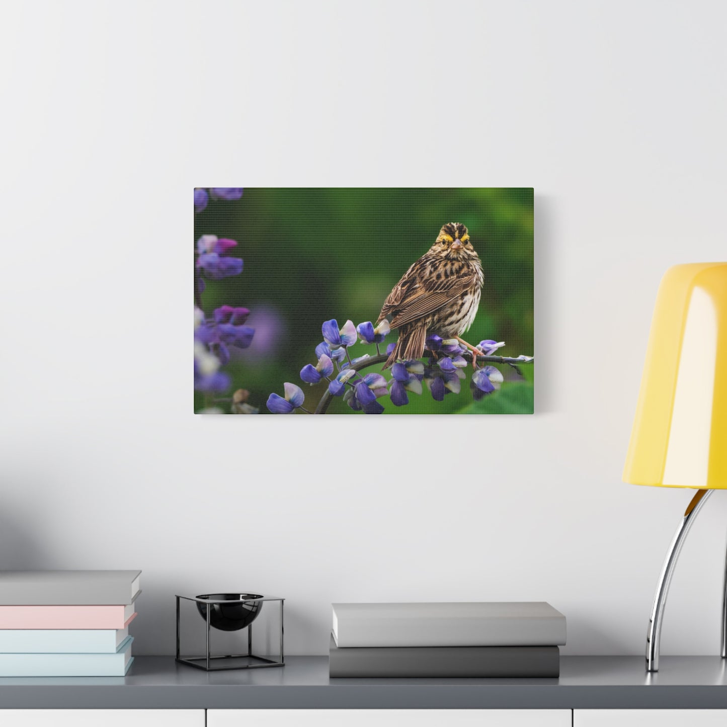 Golden Crowned Sparrow on Lupine, Matte Canvas Print Nature Wall Art