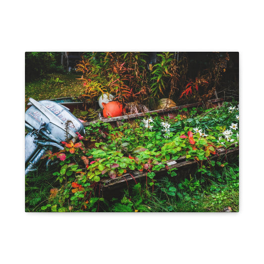 Abandoned Rowboat Garden Canvas — Rustic Outdoor Décor Stretched Matte Print